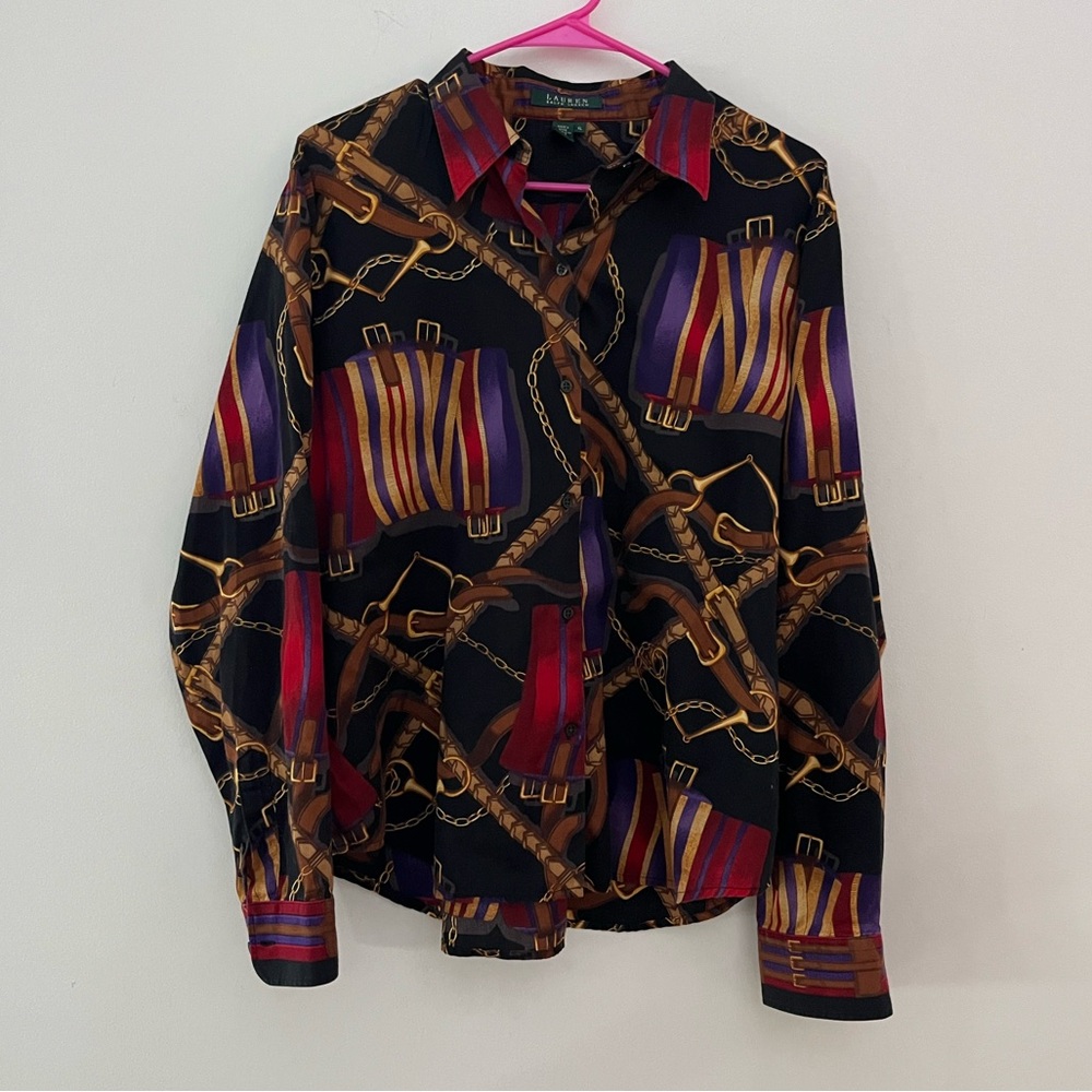 Vintage Lauren Ralph Lauren Black Equestrian Print Button-Up
